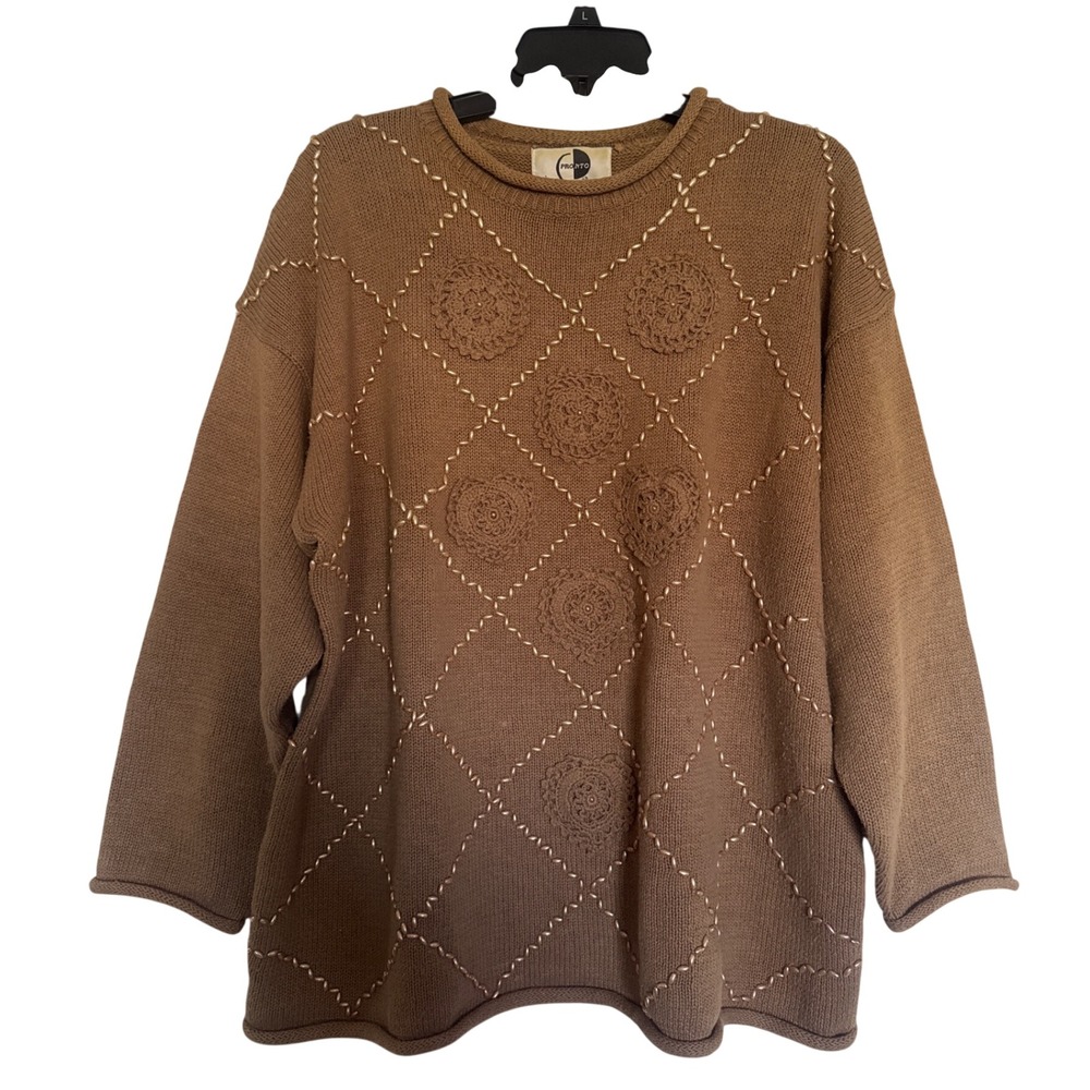 Pronto Moda Vintage Brown Beaded Crochet Diamond Knit Sweater XL Ramie Cotton